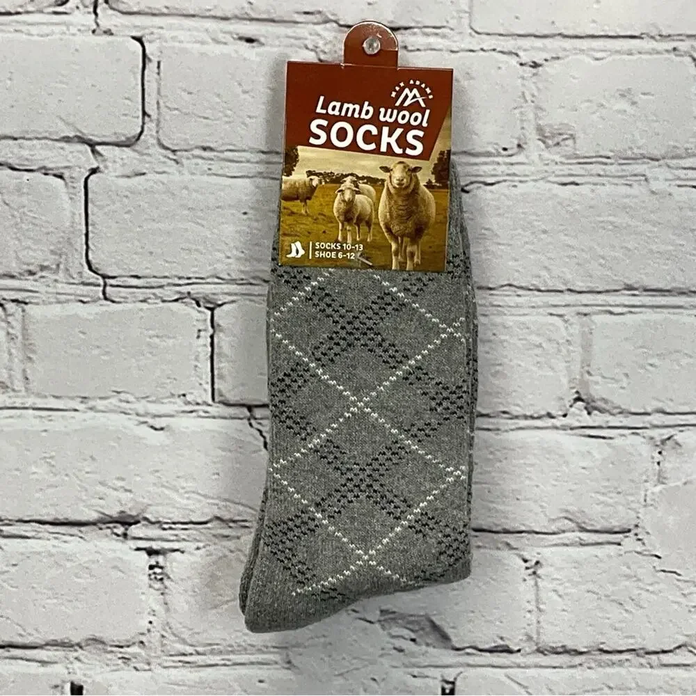 Max Adams Lamb Wool Socks Mens Size 10-13 Black/Gray Diamond 2 Pair Casual Comfy